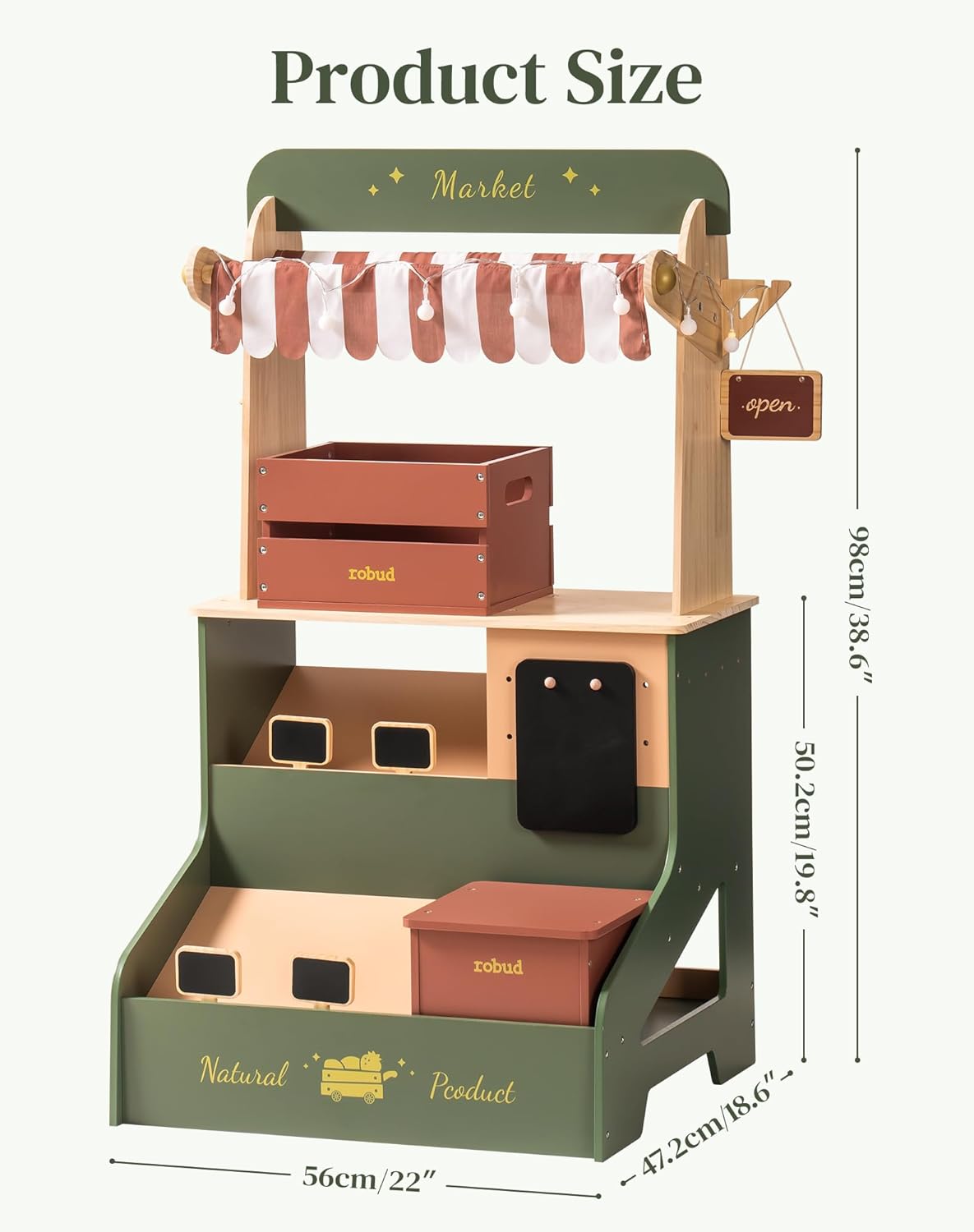 Robud wooden market stand product size diagram with dimensions and recommended age label