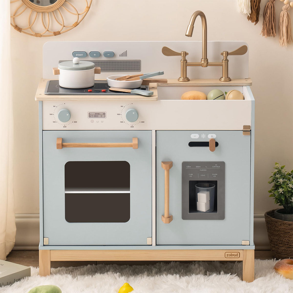 ROBUD WCF27 blue-grey Montessori play kitchen full front view with chalkboard panel and sink set.