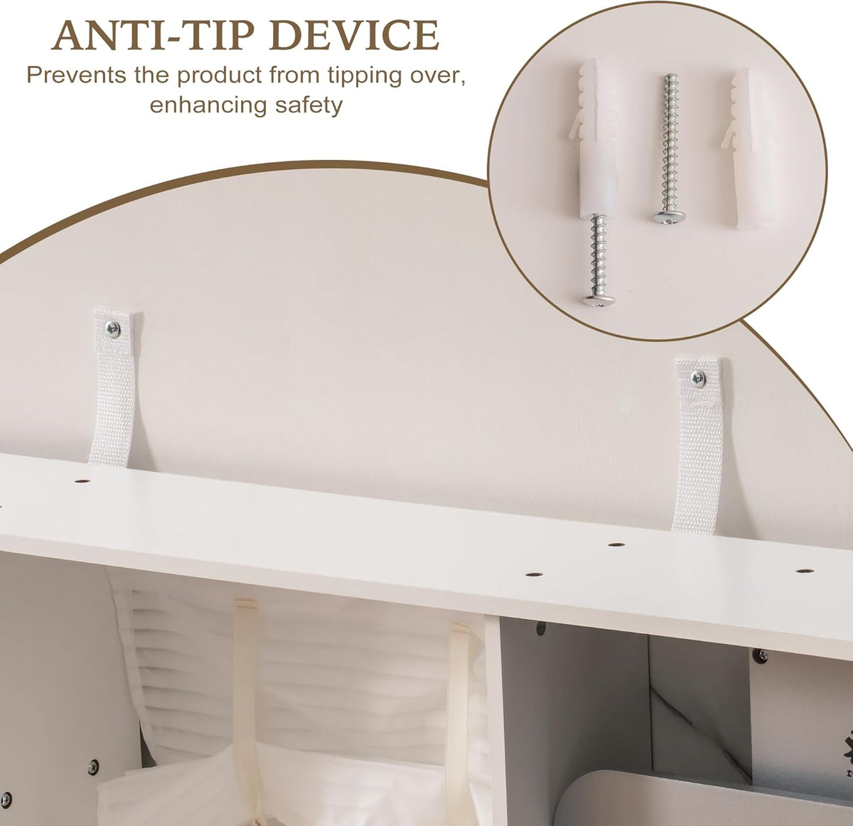 ROBUD Modern Play Kitchen realistic design infographic with close-up callouts showing elegant tie-up curtains, gold faucet and exquisite gold decorations on the white wooden kitchen playset