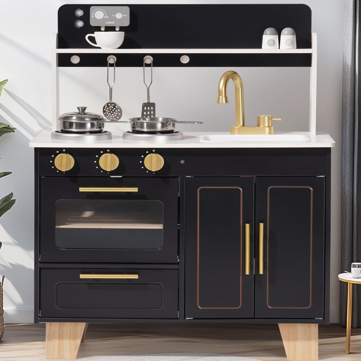 ROBUD wooden kitchen playset in obsidian black with gold hardware, marble-look countertop and wood legs