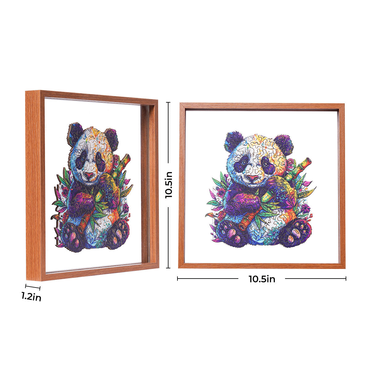 Rowood Floral Panda wooden jigsaw puzzle displayed in a 10.5 by 10.5 inch shadow box frame showing front and side views with dimensions