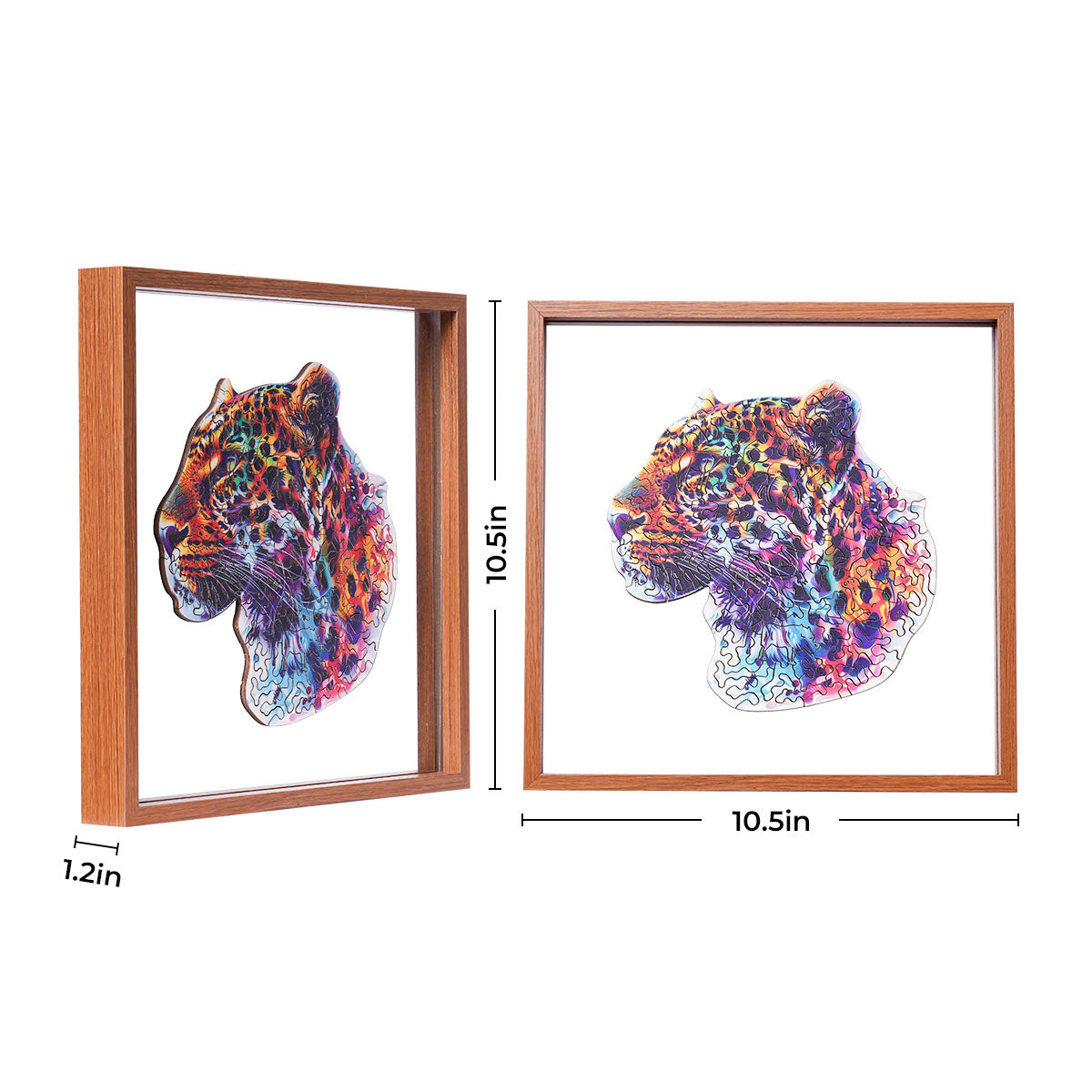Rowood Fancy Leopard wooden jigsaw puzzle displayed in a 10.5 by 10.5 inch shadow box frame showing front and side profile views with dimensions