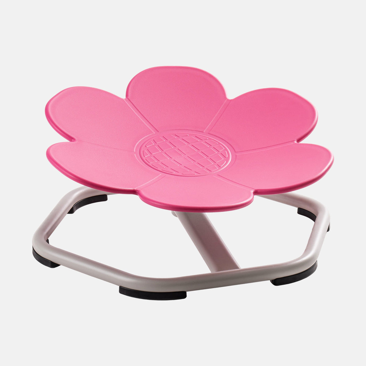 ROBUD Flower Swivel Chair blue version lifestyle shot showing a mother and toddler son playing together on a wooden floor in a bright kitchen as the child sits on the blue flower spinning seat