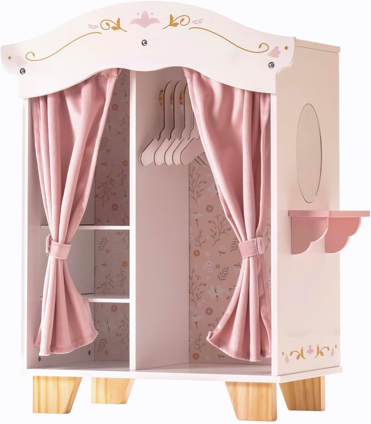 Robud Vikki pink wooden doll wardrobe front view with closed curtains and gold crown top rail