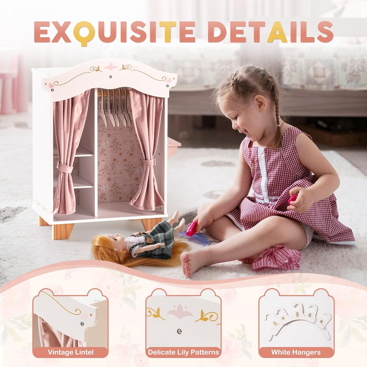 Robud doll wardrobe exquisite details callout showing floral lining, curtain ties and mini hangers