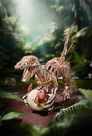 Robotime Walking Animal collection theme graphic showing wooden velociraptor skeleton hatching from egg in jungle environment