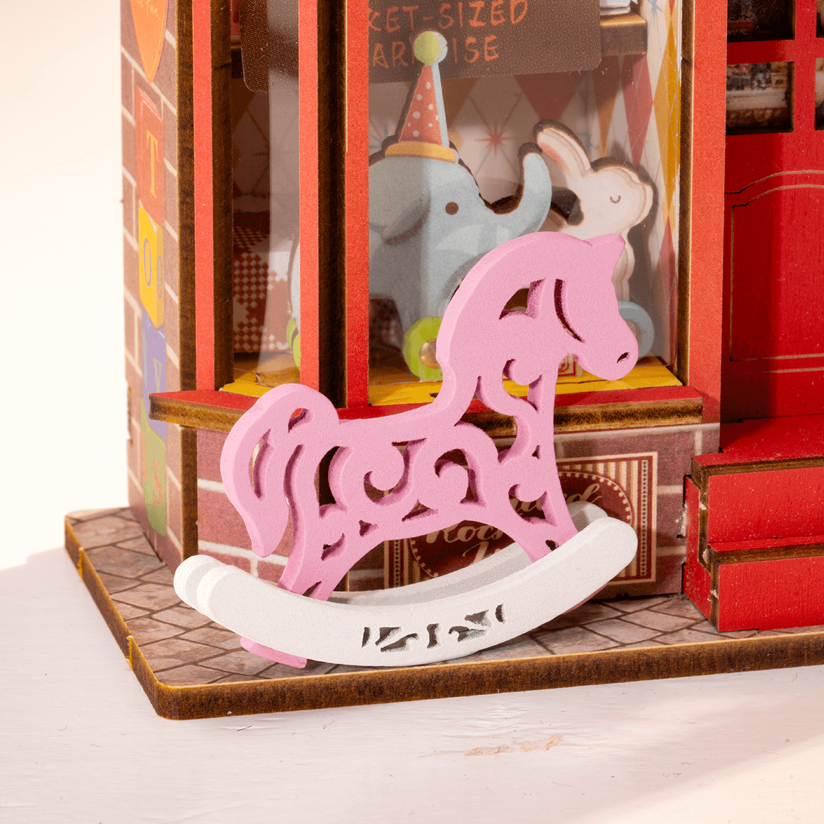 Rolife Whimsy Toy Shop Miniature House DS044 DIY miniature house kit, detail of decorative elements and finish