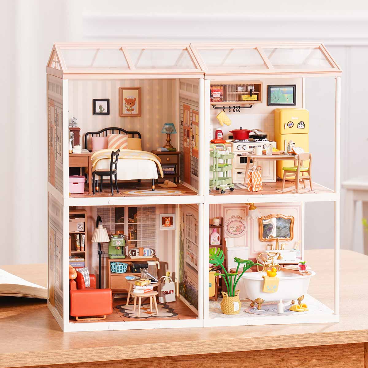Rolife Super Creator Series 4-in-1 Four Grid miniature front view showing a cake shop, bedroom, ice cream and flower room arranged in a two-by-two grid with swing and umbrella rooftop.