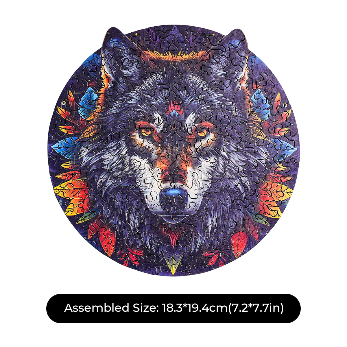 Robotime circular wooden jigsaw puzzle featuring a vivid wolf face surrounded by colorful autumn feathers
