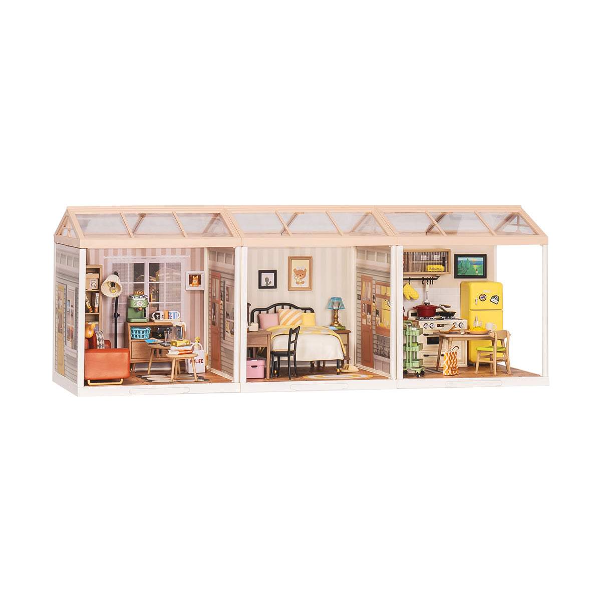 Rolife Super Creator 3 in һShape DIY miniature dollhouse kit, angled three-quarter view of the build