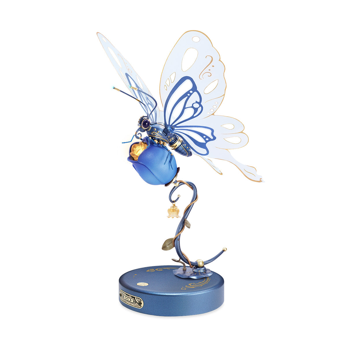 ROKR Butterfly mechanical 3D wooden puzzle in blue and white tones, holding a blue flower bud on a dark circular base