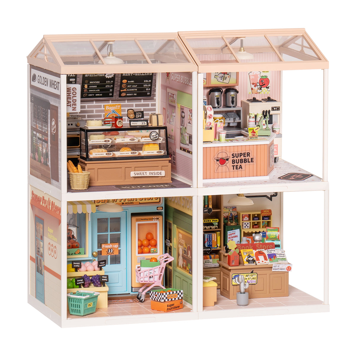 Rolife Super Creator 4-in-1 Four Grid miniature house front view showing a coffee bar, bubble tea shop and two warmly lit retail rooms