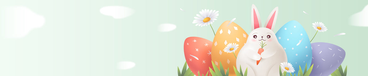 Wide desktop Easter banner with a white cartoon bunny holding a carrot surrounded by colorful patterned eggs and daisies on a soft mint green background