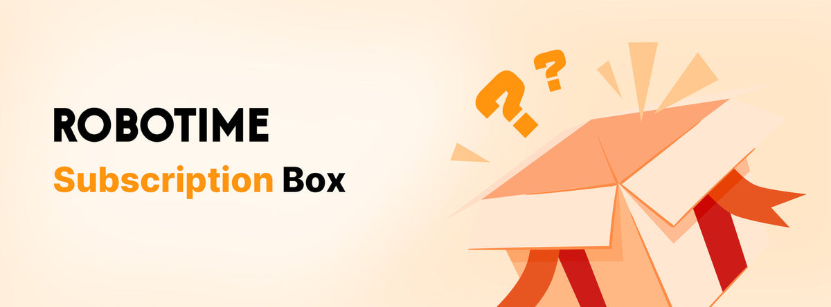 Robotime Subscription Box desktop banner showing an open peach gift box with question marks and surprise reveal theme.