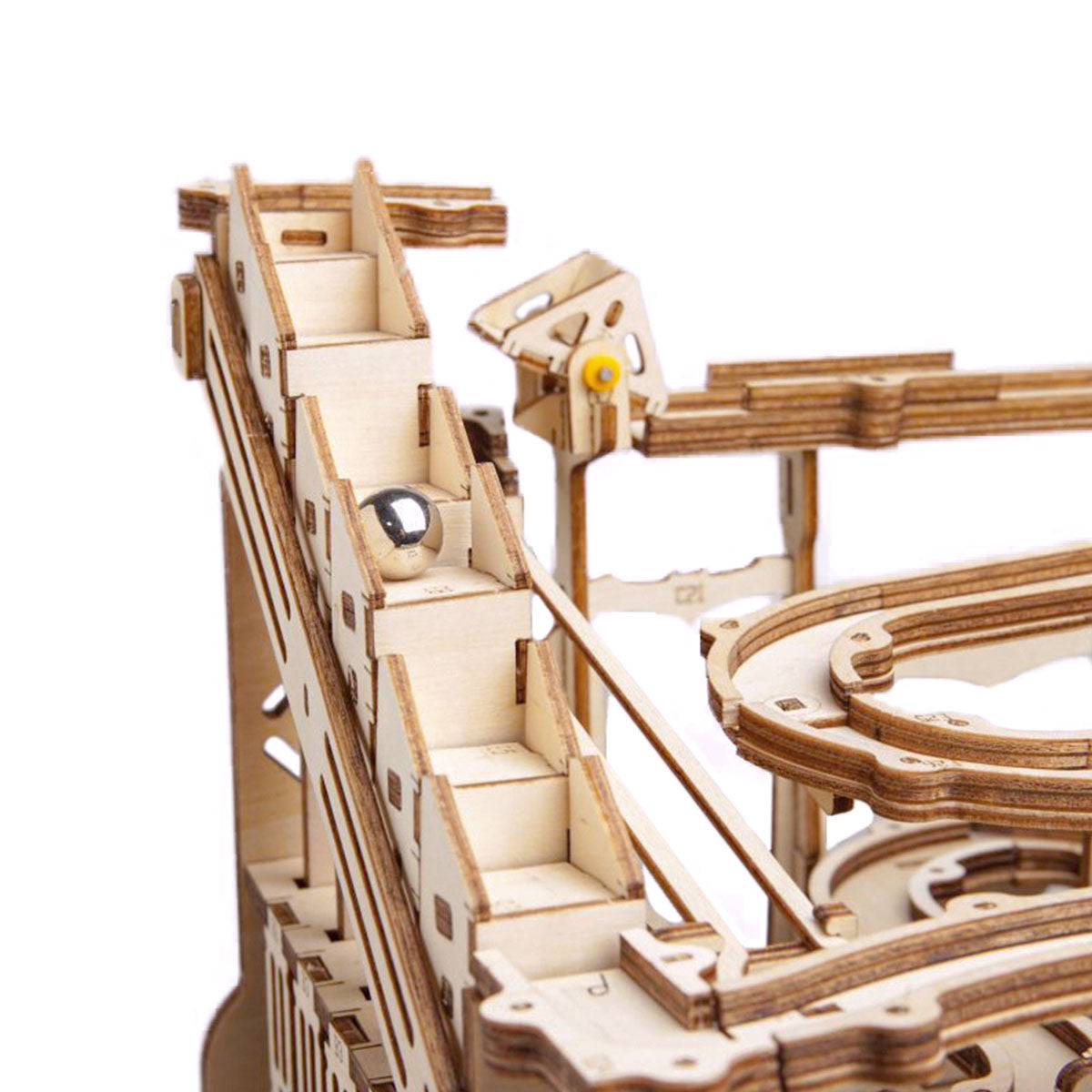 ROKR Marble Parkour upper track section detail showing the lift mechanism and layered wooden rails