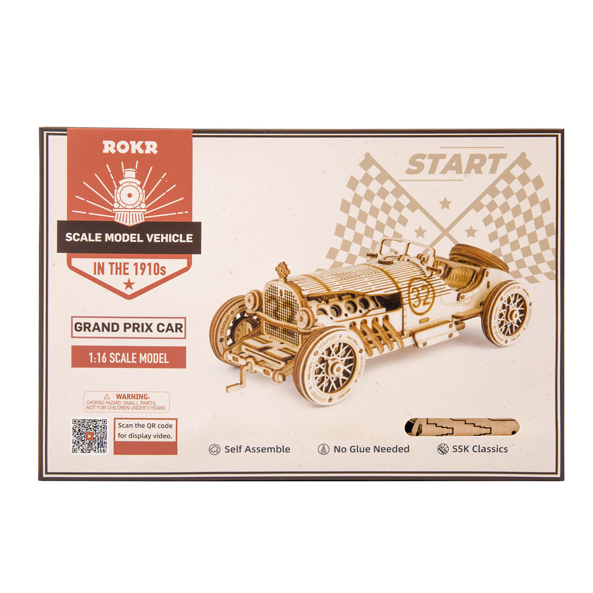 ROKR Grand Prix Car MC401 3D wooden vehicle model kit, exploded view of components and parts