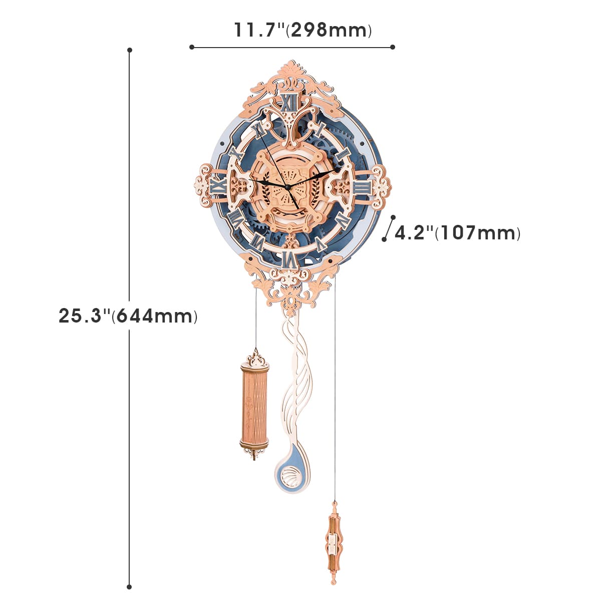 Fully assembled ROKR Romantic Note Wall Clock with dimension callouts showing 11.7 by 25.3 inch vertical pendulum silhouette