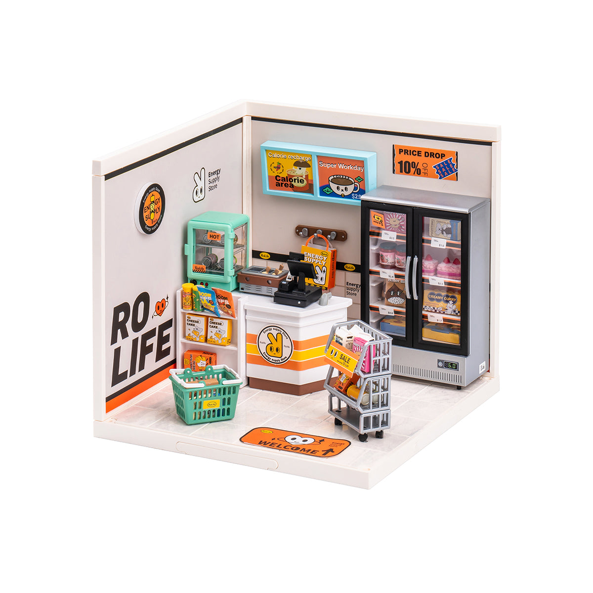 Rolife Super Creator miniature convenience store scene with checkout counter, refrigerators, shopping basket, and product shelves