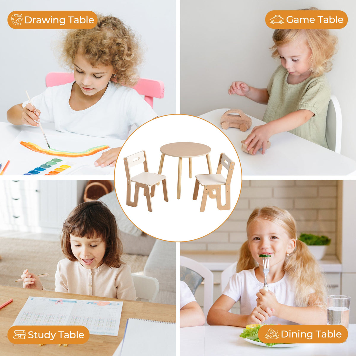 Four lifestyle scenes of children using the ROBUD kids table set for drawing, board games, studying, and snack time.