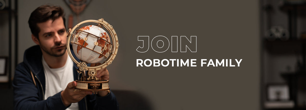 Robotime Join Our Family banner featuring a man holding a globe model on a dark neutral background