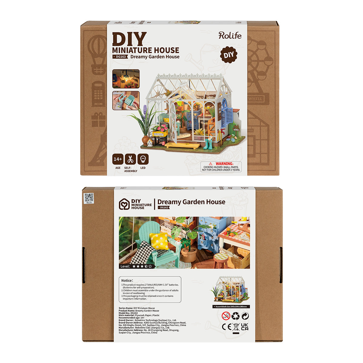 Rolife Dreamy Garden House DIY miniature retail packaging box in beige kraft with product image preview