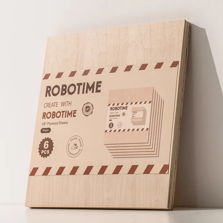 Robotime stack of six pale birch square plywood sheets with branded label, angled front corner view