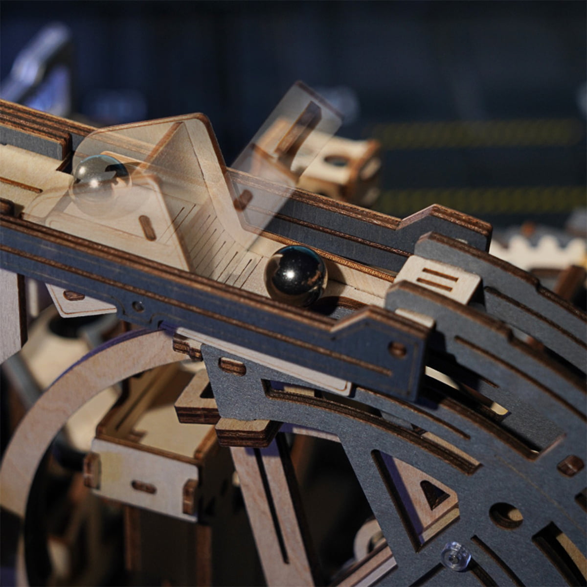 ROKR Marble Spaceport Marble Run LGC01 marble run 3D wooden puzzle, side profile detail shot