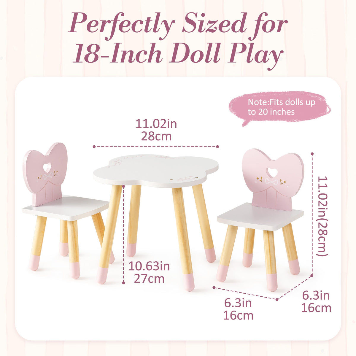 ROBUD 18-inch doll table and chair set size diagram showing 11-inch height and 6.3-inch width with heart-back chairs.
