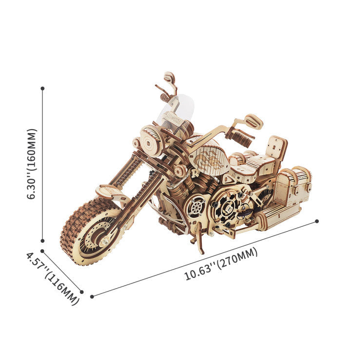 ROKR Cruiser Motorcycle wooden model dimension diagram labeled 10.63 by 4.57 by 6.30 inches