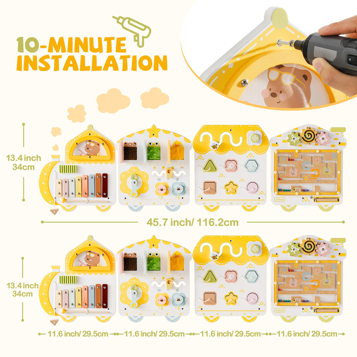 ROBUD Wooden Spring Train Busy Board install diagram: four panels totaling 45.7 in wide, 13.4 in tall per section.