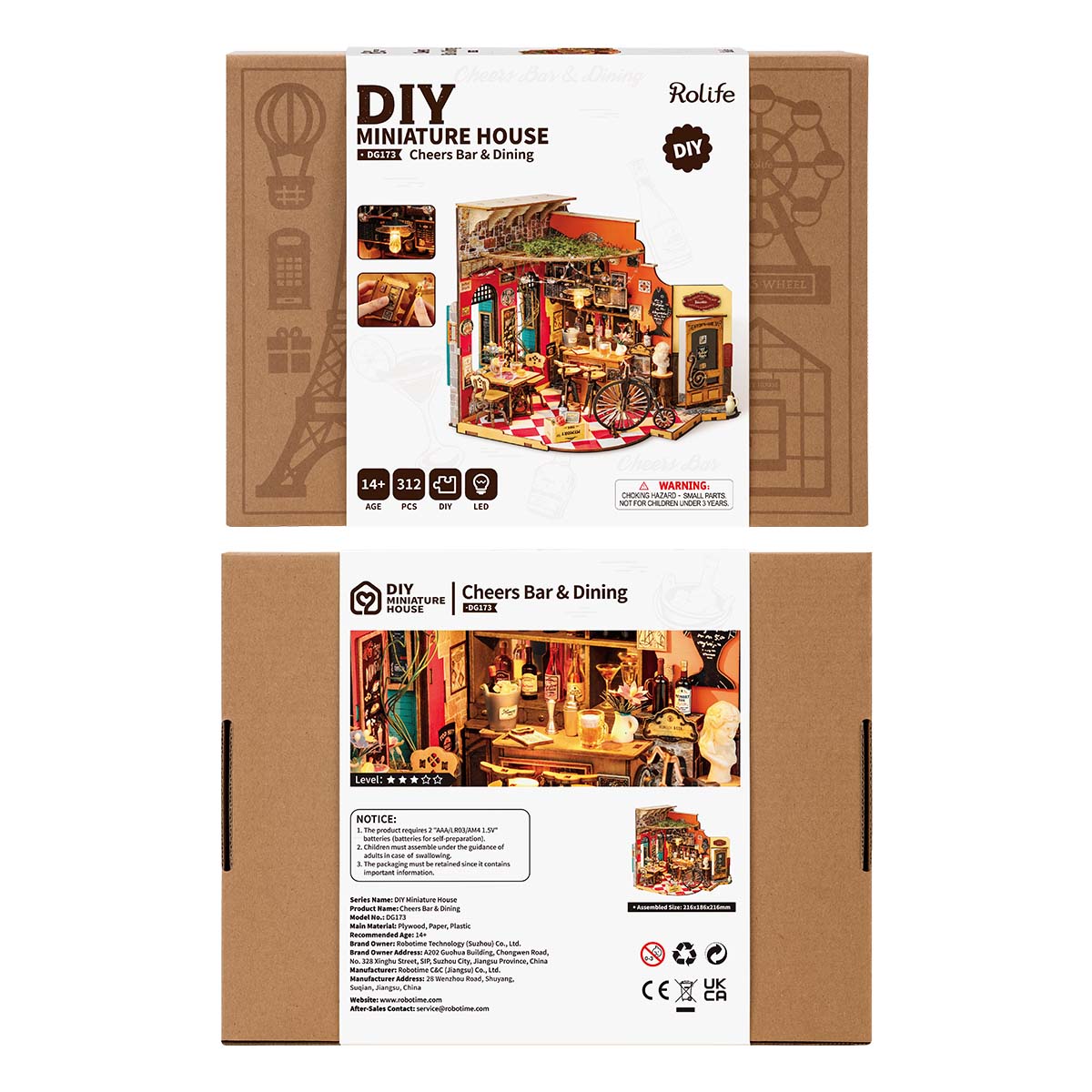 Rolife Cheers Bar and Dining DIY Miniature House DG173 retail box showing front and back panels with assembly details, piece count of 312, LED feature, and age rating of 14 plus