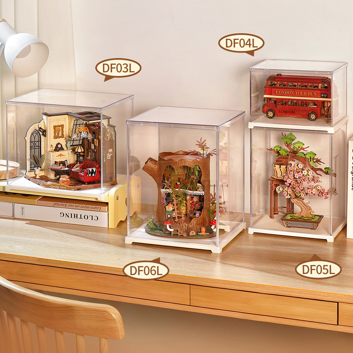 Rolife Clear Display Case Portrait Size M DF05L DIY craft kit, top-down view of layout and arrangement