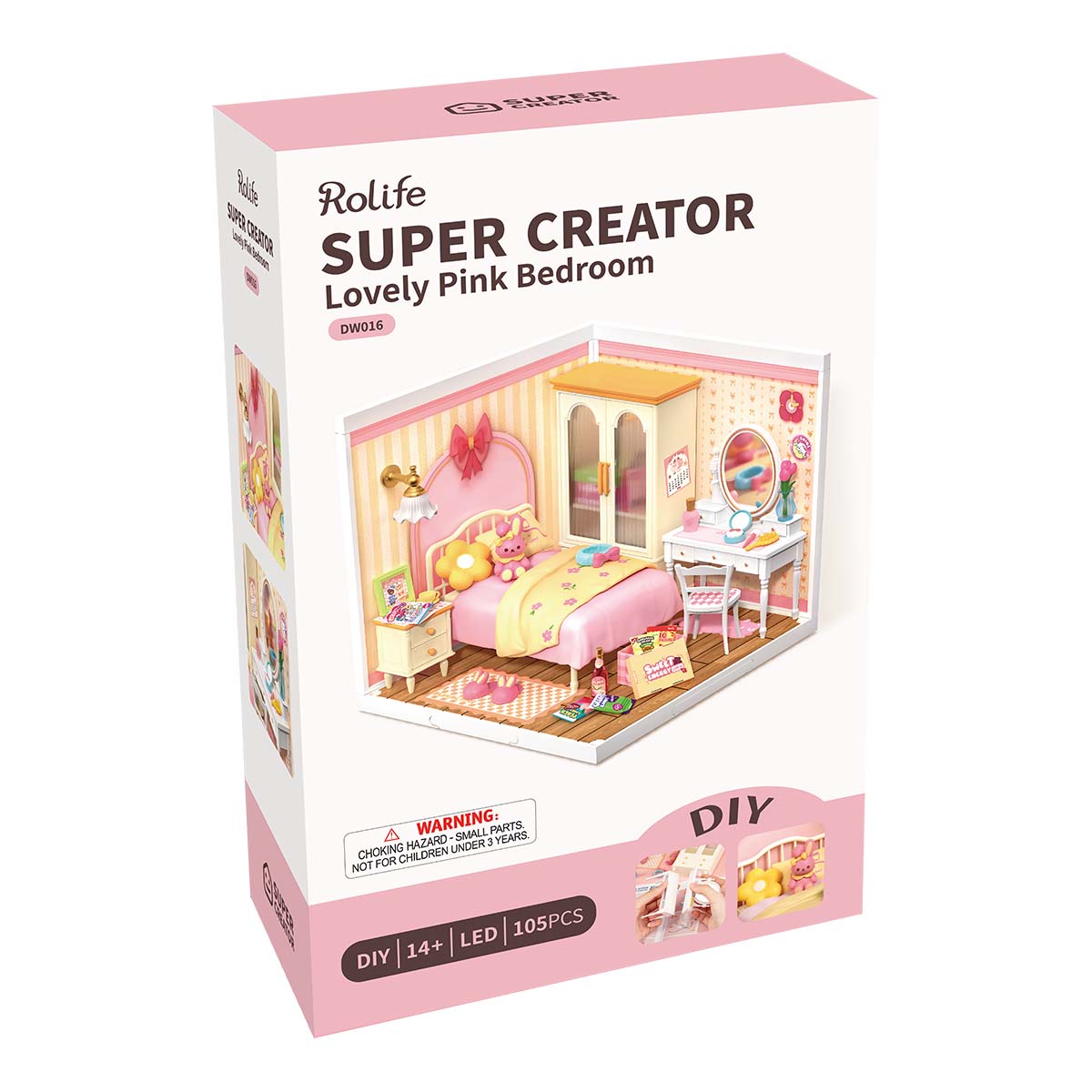Rolife Lovely Pink Bedroom DIY Miniature House DW016, DIY miniature dollhouse kit, styled photo