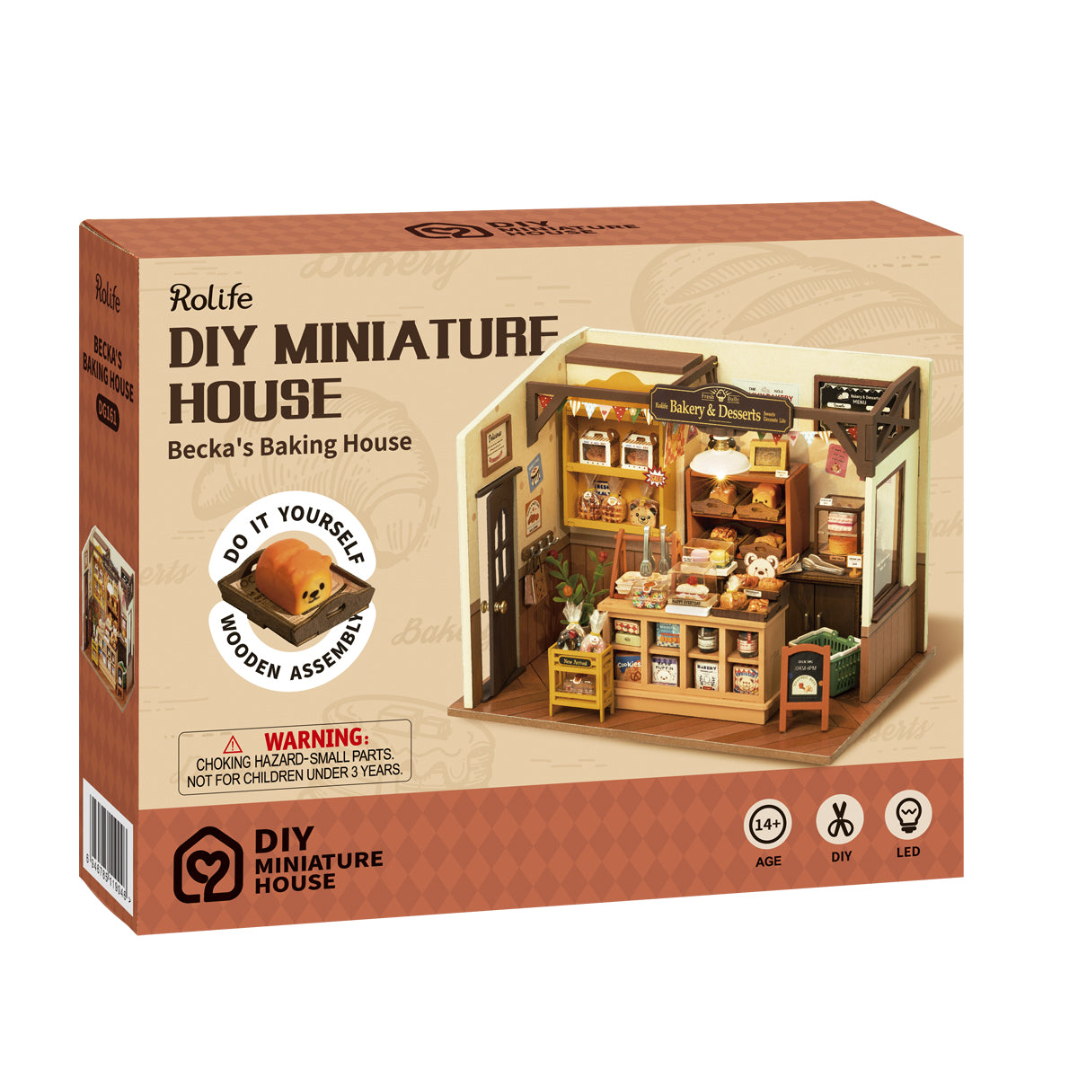 Rolife Beckas Baking House retail box front cover with illustrated bakery miniature and DIY Miniature House label