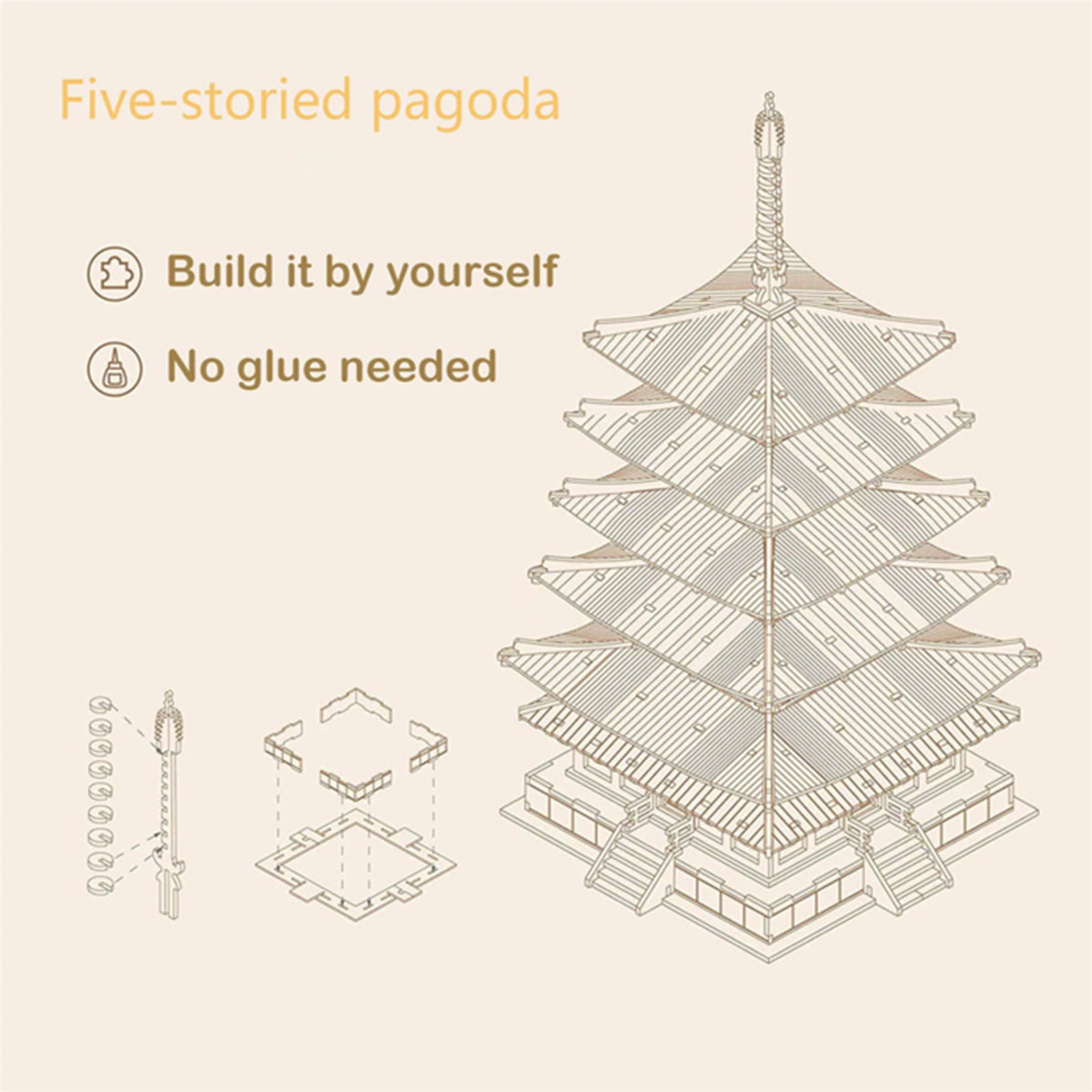 Rolife Five-storied Pagoda TGN02 3D wooden architecture puzzle, top-down view of the assembled model