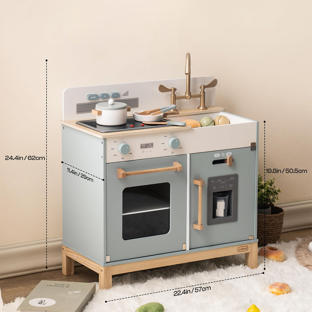 Robud Montessori Wooden Play Kitchen 3D wooden model kit, close-up of intricate laser-cut parts