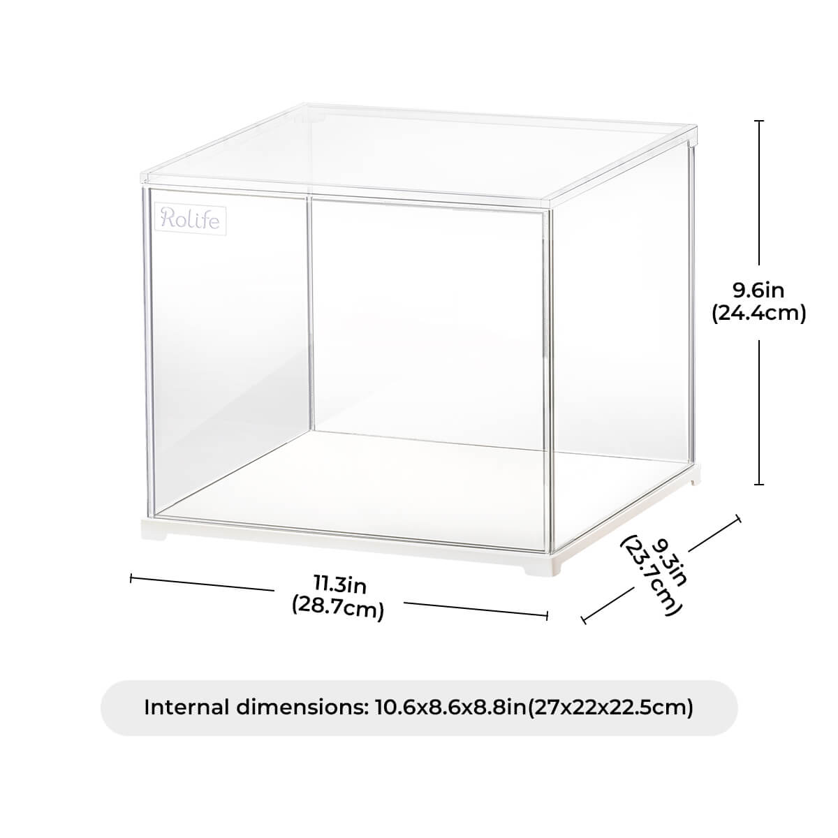 Rolife display box product photo showing clear acrylic case with dimensions 11.3 by 9.3 by 9.6 inches labeled