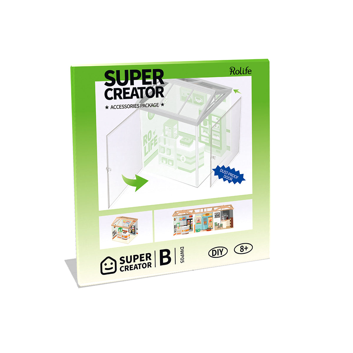 Rolife Super Creator miniature room scene with detailed wooden furniture, wall decorations, and small handcrafted accessories displayed