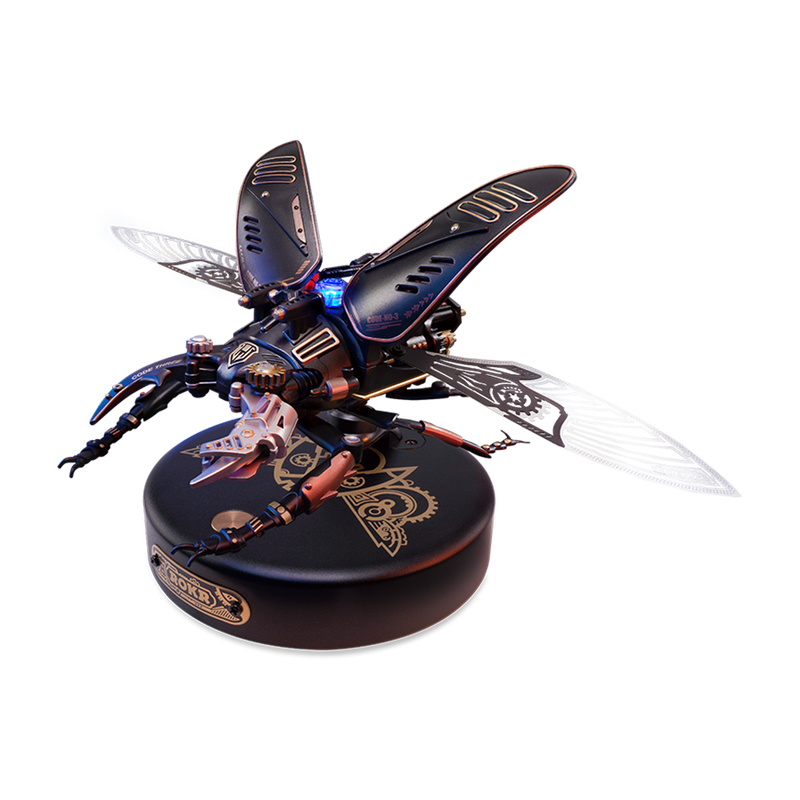 ROKR dark metal insect model with black body and transparent wings displayed on a circular black stand