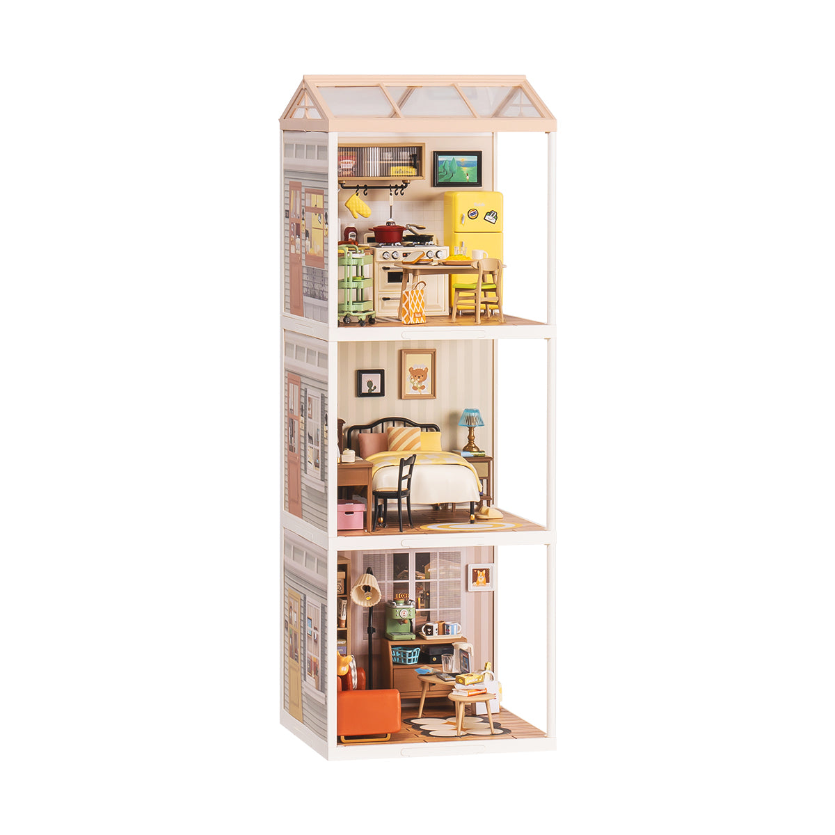 Rolife Super Creator 3 in 1 I Shape DIY miniature dollhouse kit, angled three-quarter view of the build