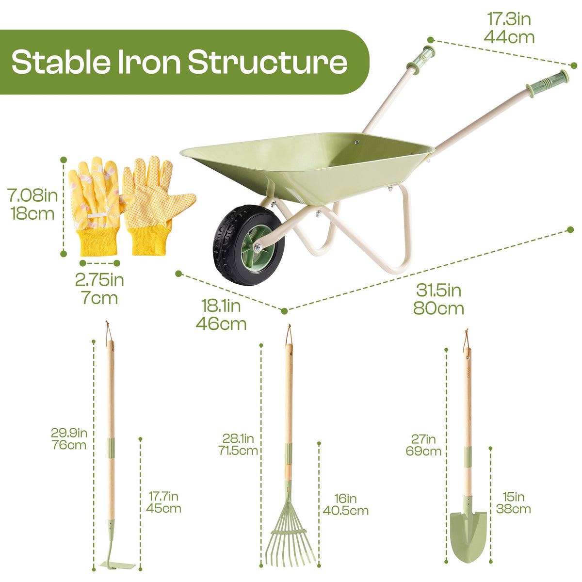 ROBUD Kids Wheelbarrow Set size diagram showing sage green metal wheelbarrow with rubber wheel, wooden-handled tools and yellow gloves with measurements