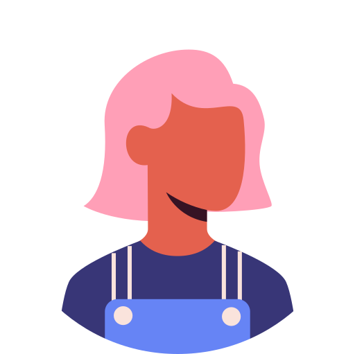 Flat illustration of a female user avatar with short pink hair and blue overalls for the Robotime Online review section.