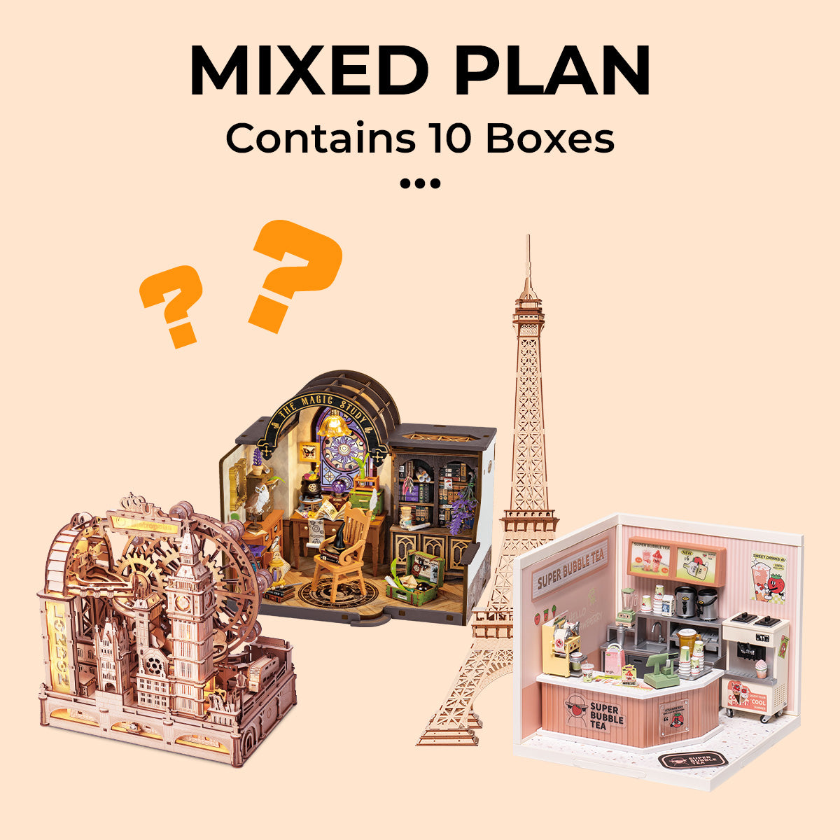 ROBOTIME Subscription Box Mixed Plan 3D wooden robot model kit, scale comparison alongside accessories