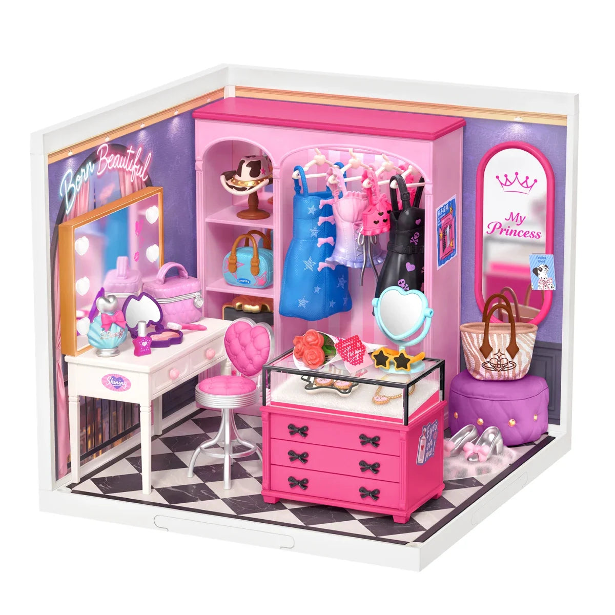 Miniatur-Ankleidezimmer in Rosa und Lila mit Schminktisch, herzförmigem Hocker, Kleiderstange, rosa Schubladen und Schachbrettboden.