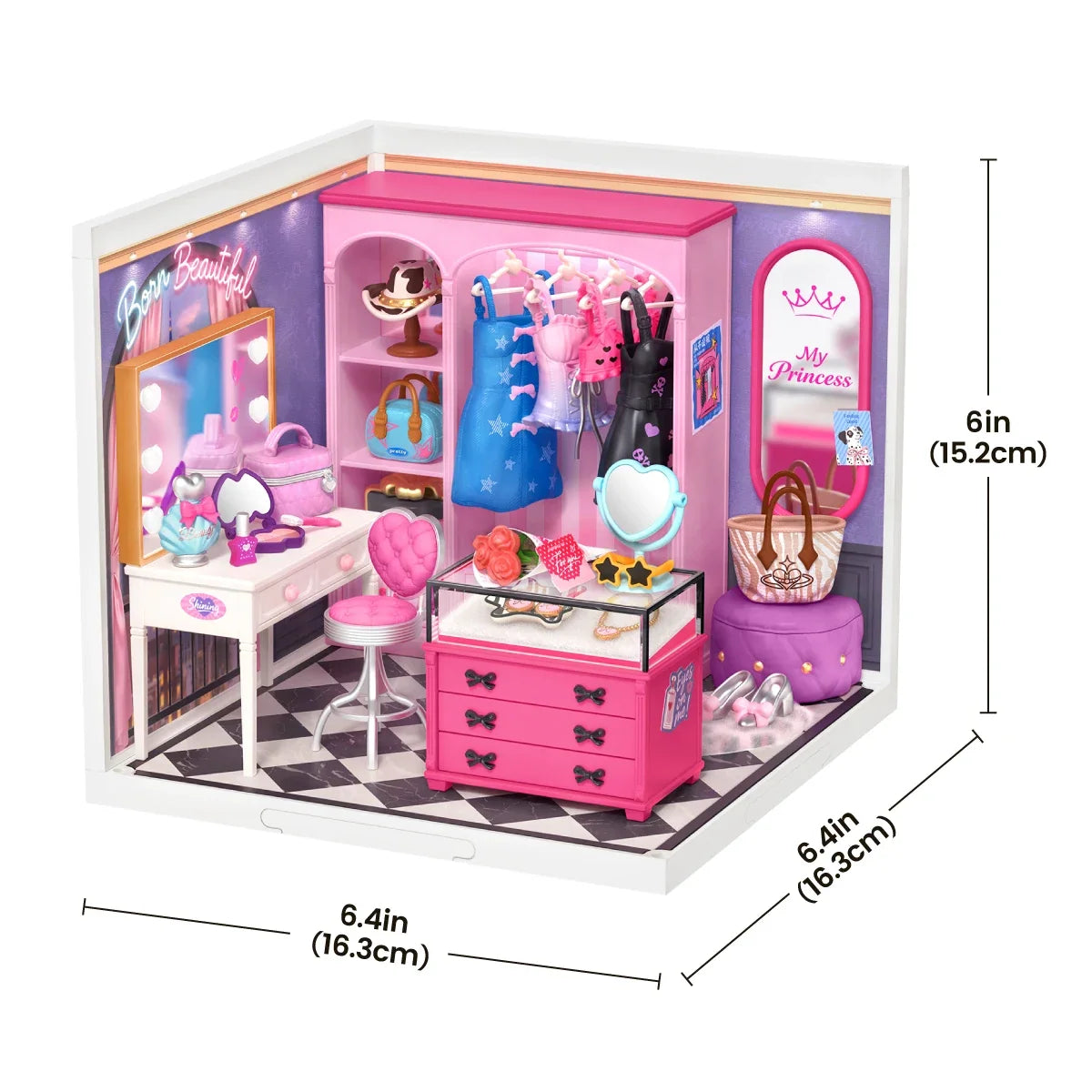 Miniatur-Ankleidezimmer mit Maßangaben: 6,4 in (16,3 cm) Breite, 6,4 in (16,3 cm) Tiefe und 6 in (15,2 cm) Höhe.