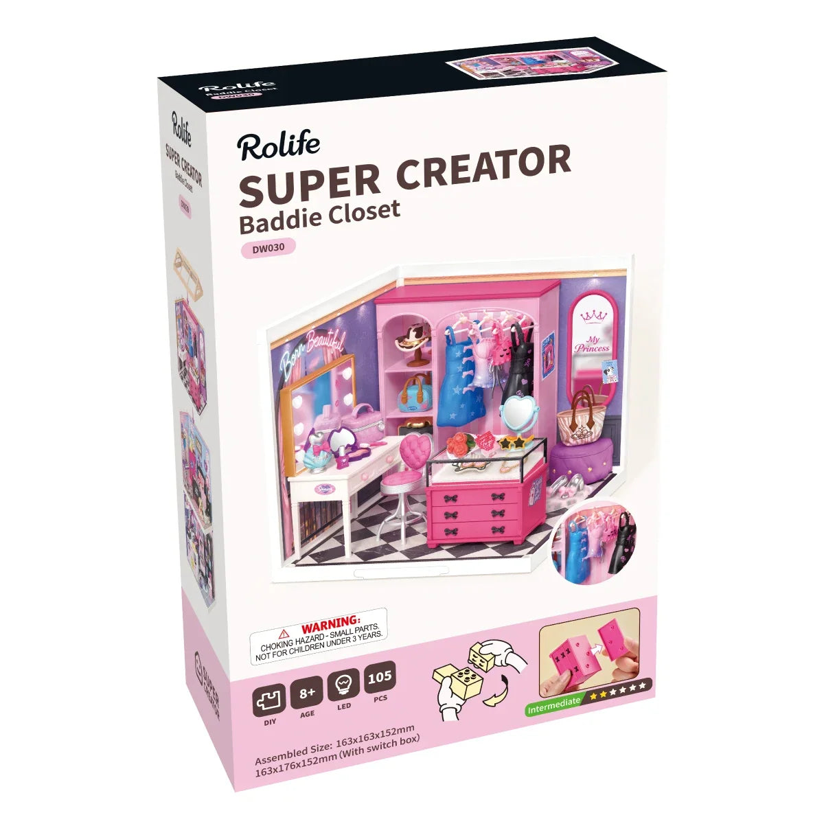 Verpackung von Rolife Super Creator Baddie Closet DW030, Alter 8+, 105 Teile, mittlerer Schwierigkeitsgrad, fertige Größe 163 × 163 × 152 mm.