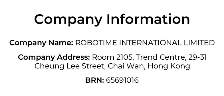 Robotime Online company information mobile page showing brand story, product categories and contact details for Robotime wooden toys