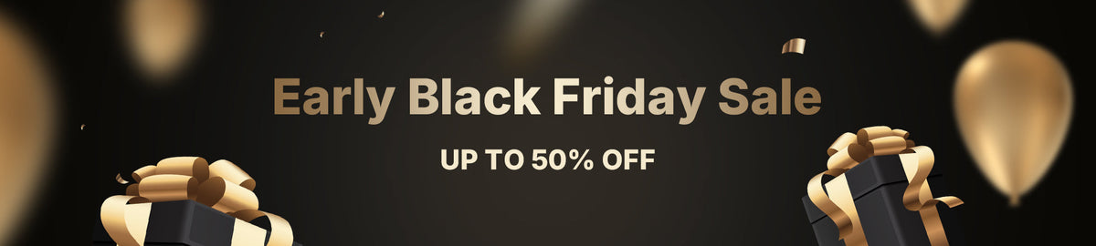 Robotime Early Black Friday Sale wide banner for desktop header with gold title, up to 50 percent off text and confetti