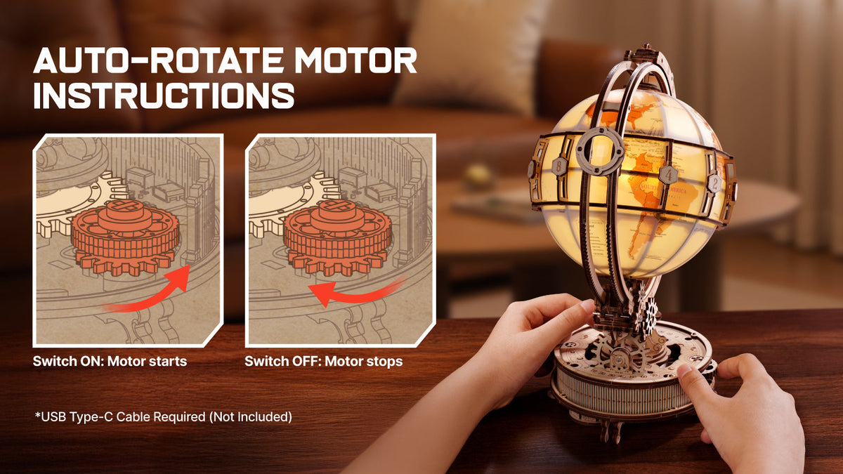 ROKR ST003D Luminous Globe motor instruction graphic showing how to switch the auto-rotate motor on and off with hand demo.