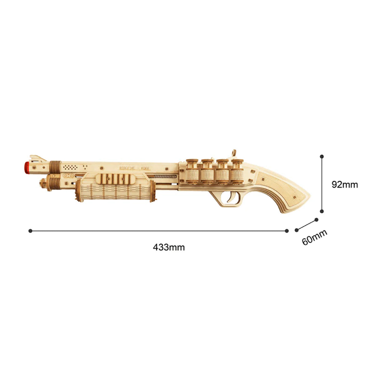 ROKR Terminator M870 Justice Guard Gun LQ501 3D wooden puzzle, lifestyle scene on a wooden desk
